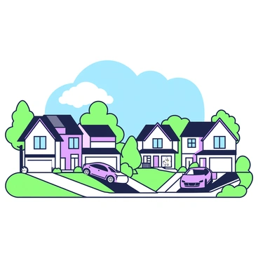 A suburban neighborhood with carefully manicured lawns and driveways lined with fancy cars. The houses are identical, featuring symmetrical designs with two stories and front porches. The lawns are lush and green, with flower beds planted along the pathways. In front of each house, there are parked luxury vehicles, showcasing their sleek designs and shiny exteriors. A clear blue sky can be seen above the neighborhood, with a few fluffy clouds drifting by. The scene is vibrant and captures the essence of suburban life.