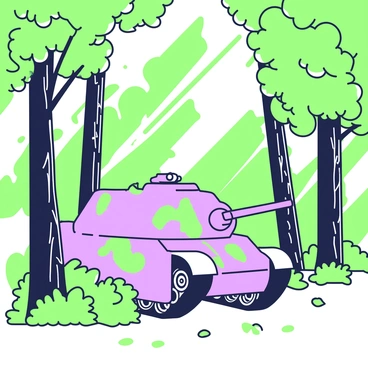 A tank covered in camouflage netting is positioned among tall trees in a dense forest. The netting blends seamlessly with the surrounding foliage, with leaves and branches partially obscuring the tank's shape. Sunlight filters through the canopy, casting dappled shadows on the ground, which is littered with fallen leaves. The tank is angled slightly, showcasing its turret and tracks, while nearby trees are tall and sturdy, their bark textured and rough. A few small bushes are visible in the foreground, adding to the concealment of the tank within this natural environment.