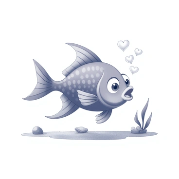 A fish is swimming playfully in the water. The fish has large, expressive eyes and a rounded body, giving it a charming appearance. It is blowing bubbles that are shaped like hearts, and these bubbles rise gently towards the surface. The fish's fins are extended, showing movement and liveliness. The underwater scene is filled with subtle details, such as a few aquatic plants swaying in the current and small rocks scattered along the bottom.