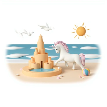 A unicorn, with a shimmering white coat and a spiraling, iridescent horn, is focused on building a sandcastle on a sunny beach. The sandcastle is elaborate, featuring multiple towers and a moat filled with clear blue water. The ocean waves gently roll towards the shore, contrasting with the golden sand. The sun shines brightly in a clear sky, casting warm light on the scene. Small seashells are scattered around the base of the sandcastle, and a colorful beach ball lies nearby. The unicorn is surrounded by a few playful seagulls flying overhead.