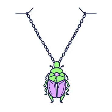 A delicate necklace is displayed with a prominent scarab beetle pendant at its center. The necklace features a fine chain with small links that glimmer softly. The scarab beetle pendant is intricately designed, showcasing detailed carvings that highlight its body and wings. Embedded within the beetle are various gemstones, arranged in a pattern that enhances its elegance. The gemstones reflect light subtly, adding a touch of sophistication to the overall piece. The necklace is set against a plain surface that allows the intricate details of the pendant to stand out clearly.