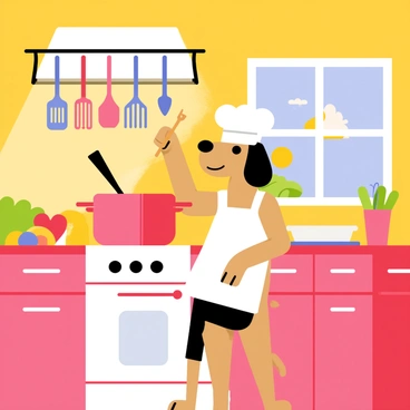 A balloon dog dressed as a chef cooking in a vibrant kitchen