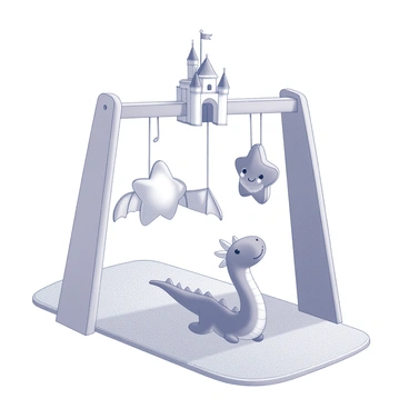 A baby gym designed with whimsical elements. The structure features a small, intricately designed castle as the main focal point, complete with turrets and flags. Hanging from the gym are plush toys shaped like a dragon, complete with wings and a friendly expression, alongside other soft shapes that enhance the playful theme. The soft mat beneath is textured, providing comfort and stimulation for the baby during playtime. Overall, the scene captures a cheerful and inviting atmosphere.