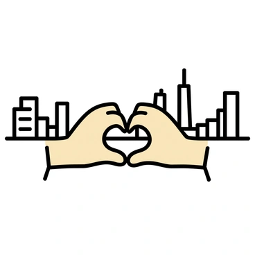 Two hands, positioned in the foreground, are coming together to form a heart shape with their fingers. The hands are depicted in a neutral skin tone and are set against a city skyline in the background. The skyline features a variety of buildings, including tall skyscrapers and shorter structures, silhouetted against a clear sky. The scene conveys a sense of connection between the hands and the urban environment.