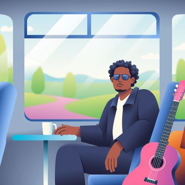 A man with curly hair and sunglasses is sitting inside a tour bus by a large window. He is wearing a black leather jacket over a white shirt, and he has a thoughtful expression on his face. The sunlight streaming through the window casts a warm glow on his features. Outside the bus, a blurred landscape of green fields and distant hills is passing by, dotted with trees and a clear blue sky. The interior of the bus is adorned with a few acoustic guitars resting against the seats, and there is a small travel mug on the table beside him.