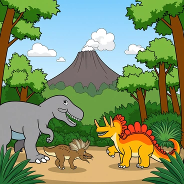 A lush prehistoric jungle filled with a variety of green plants and towering trees, their leaves thick and vibrant. In the foreground, a group of dinosaurs can be seen interacting; a large, gray Tyrannosaurus rex with sharp teeth stands next to a smaller, brightly colored Triceratops with three horns and frills around its face. Nearby, a couple of agile Velociraptors chase each other playfully. In the background, a majestic volcano rises against the sky, with smoke billowing gently from its top. The sky is a bright blue with fluffy white clouds scattered throughout. Sunlight filters through the trees, casting dappled shadows on the forest floor.