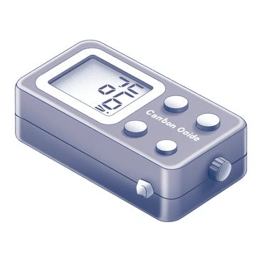 A digital meter displaying the levels of carbon dioxide in the air. The meter features a clear, illuminated screen that shows numerical readings, prominently indicating the concentration of carbon dioxide. The device has distinct buttons for settings, with a sleek, modern design. Surrounding the meter, there are subtle details like air vents and a small calibration knob.