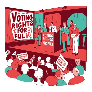 An illustration of a lively political debate about voting rights in a 1960s setting