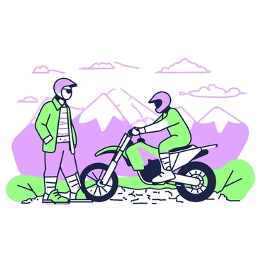 A dirt bike rider is paused beside their motorcycle, taking in a panoramic mountain view. The rider is wearing a full-face helmet and protective gear, with bright colors visible on their outfit. The dirt bike, parked on a rugged terrain, has intricate designs on its body. In the background, a range of mountains stretches across the horizon, showcasing peaks and valleys. The sky above is vast and clear, and a few wispy clouds are scattered across it. The rider stands with one hand on the bike, gazing thoughtfully at the stunning landscape ahead.