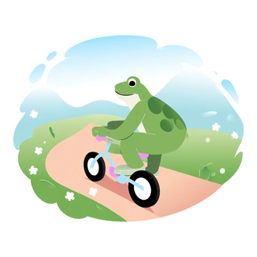 A green frog is sitting on a small bicycle, pedaling along a grassy path. The bicycle is brightly colored and has tiny wheels. The path is lined with lush green grass and dotted with small wildflowers. Sunlight casts a warm glow over the scene, creating a cheerful atmosphere. In the background, gentle hills rise under a clear blue sky.
