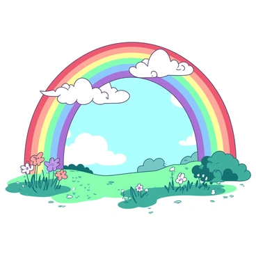 A bright rainbow arches gracefully across the sky, showcasing an array of vibrant colors. Below the rainbow, the sky is a soft blue, with fluffy white clouds scattered throughout. The ground is wet from the recent rain, with droplets glistening in the sunlight. Fresh green grass is visible, along with blooming flowers in various colors peeking through. The scene conveys a sense of renewal after the passing spring storm.