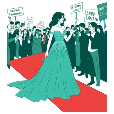 A teal celebrity is walking down a red carpet, wearing an extravagant, shimmering gown that glistens under the bright lights. The gown features intricate beadwork and a long flowing train that sweeps elegantly behind her. Around her, there are photographers capturing the moment, their cameras flashing in rapid succession. The red carpet is bordered by a crowd of excited fans holding signs and cheering in the background. The scene is lively, filled with the energy of the event.