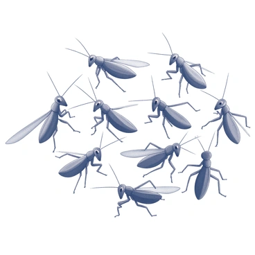 A collection of locusts arranged in a detailed mosaic pattern. Each locust showcases distinct features, including the segmented body, long antennae, and wings. The locusts are positioned closely to create a harmonious design. The assembly presents various sizes and orientations, emphasizing the intricate arrangement of their shapes. The background remains neutral to highlight the structured formation of the locusts.
