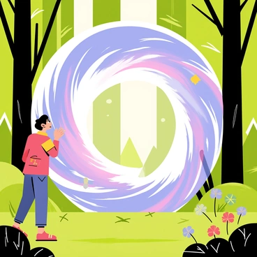 A swirling, magical portal in a forest surrounded by tall, green trees. The portal glows with vibrant colors, including shades of blue, pink, and purple, creating a mesmerizing effect. Wisps of light emerge from the portal, giving it a mystical aura. The forest floor is covered in lush grass and scattered with colorful wildflowers. In the foreground, a curious adventurer stands with a look of wonder, gazing into the portal as if contemplating a journey into the unknown.