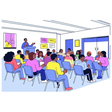 A community center interior with a spacious room filled with folding chairs arranged in rows. At the front of the room, a speaker stands behind a podium, gesturing as they speak. In the audience, individuals of diverse backgrounds, including different ethnicities and ages, are attentively listening. Some have notebooks in their laps, while others are nodding in agreement. The walls of the room are adorned with colorful banners and posters that promote unity and inclusivity. Soft lighting fills the space, enhancing the sense of warmth and community.