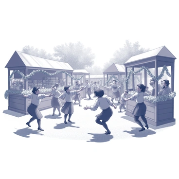 A vibrant medieval festival scene unfolds in a bustling village square. Villagers are dancing joyfully, with a mixture of men and women in period clothing, their movements full of energy and enthusiasm. Some dancers are forming a circle, while others are twirling and leaping in celebration. Flowers are arranged in various displays around the area, with garlands hanging between wooden stalls. The stalls are adorned with various goods, and children are playing nearby, contributing to the lively atmosphere. The sun casts soft shadows, enhancing the cheerful setting of the festival.