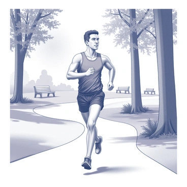 An ex-athlete is jogging along a winding path in a park. The individual has a focused expression, with sweat glistening on their forehead, indicating their physical exertion. Tall trees line the path, casting dappled shadows on the ground. In the background, there are soft outlines of park benches and a playground, suggesting a lively atmosphere. The jogger is dressed in athletic gear, which includes a fitted tank top and running shorts, and they have running shoes that show signs of wear from previous workouts. The surroundings feature a variety of foliage, enhancing the sense of a refreshing outdoor environment. The jogger's thoughts are reflected in their expression, hinting at memories of past achievements and the joy of their current activity.