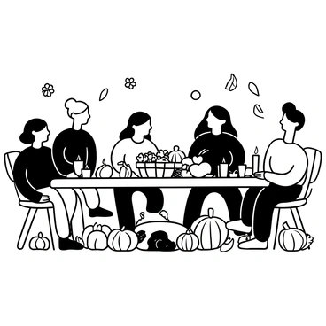 A large wooden table is set with a variety of seasonal foods, including pumpkins, squash, and loaves of bread. Surrounding the table are family members of various ages, engaged in conversation and laughter. A basket filled with apples and nuts is placed at the center of the table. There are candles arranged around the table, casting light on the food. The atmosphere is one of togetherness, with a backdrop of autumn-themed decorations, such as leaves and acorns.