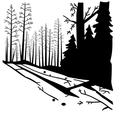 A landscape featuring the edge of a forest. One side of the forest is illuminated by bright sunlight, casting distinct shadows of the trees on the ground. The trees on this side are tall and leafy, with intricate branch patterns. The other side of the forest is under a shadowy gray sky, with darker foliage and a moody atmosphere. The ground is covered in leaves and twigs, showing the transition from light to shadow. The contrast between the bright sunlight and the gray sky enriches the scene.
