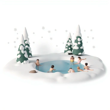 A scenic hot spring surrounded by a pristine snowy landscape. The water in the hot spring is steaming, creating a soft mist above the surface. Several people are relaxing in the water, some leaning back against the rocky edges, while others are sitting comfortably with their arms resting on the rim. They are wearing swimsuits and enjoying the warm water contrasted against the cold, snow-covered ground surrounding them. Tall pine trees, dusted with snow, frame the scene in the background, adding to the serene atmosphere. Flurries of snowflakes gently fall from the sky, completing the picturesque winter setting.