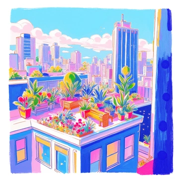 A city skyline features several tall skyscrapers with vibrant rooftop gardens. Each rooftop is filled with various plants and greenery, including large potted trees, flowering shrubs, and colorful flowering plants. Some rooftops have wooden benches and small seating areas surrounded by lush foliage. The buildings are made of glass and steel, reflecting the sunlight and providing a contrast to the greenery. The sky is clear with a few soft clouds, and the distant cityscape includes more modern buildings and a hint of blue sky.