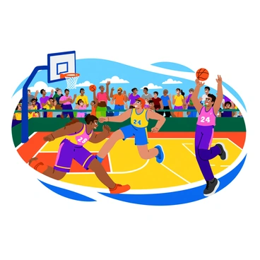 A basketball court filled with players in colorful uniforms, actively dribbling the ball and attempting to score. One player leaps high toward the hoop, while another defends, arms raised. In the background, a crowd of fans in the stands is cheering energetically, waving foam fingers and banners. Brightly colored jerseys and excited expressions fill the scene, capturing the thrill of the game. The atmosphere is vibrant with movement and energy as the game unfolds.