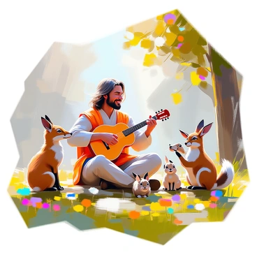 A bard with flowing hair and a colorful tunic is strumming a lute as he serenades a gathering of woodland creatures in a forest glade. Surrounding him are various animals, including a curious fox, a gentle deer with large eyes, and a family of rabbits, all attentively listening. Sunlight filters through the leaves overhead, casting playful shadows on the ground. The glade is lush with green grass and vibrant wildflowers, creating a lively backdrop for the enchanting scene. The bard's expression is joyful, and the animals appear relaxed and captivated by the melody.