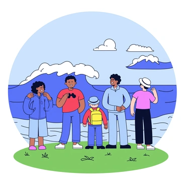 A group of five people stands together in a designated safe zone on a hill. They are observing a massive tsunami approaching in the distance. The individuals include a woman with curly hair wearing a blue rain jacket, a man in a red t-shirt holding binoculars, a child with a yellow backpack, and two adults wearing hats for sun protection. The hill is covered with short green grass and a few scattered rocks. In the background, the ocean is churning with large waves as the tsunami looms closer. Dark clouds fill the sky, and the atmosphere conveys a sense of urgency.