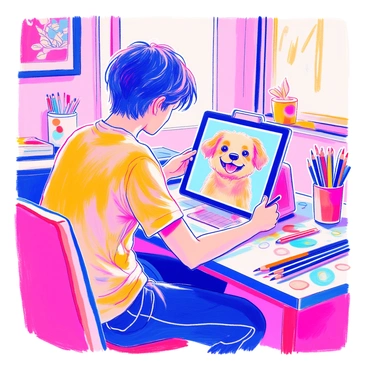 An artist is sitting at a desk, focused on sketching a digital portrait on a tablet. The artist has short hair and is wearing a casual t-shirt. On the screen of the tablet, there is a fluffy dog depicted with a playful expression, its fur appearing soft and voluminous. The dog has bright, expressive eyes and its tongue is out, emphasizing its playful demeanor. Surrounding the artist are art supplies, including colored pencils and sketch pads, creating a creative environment.