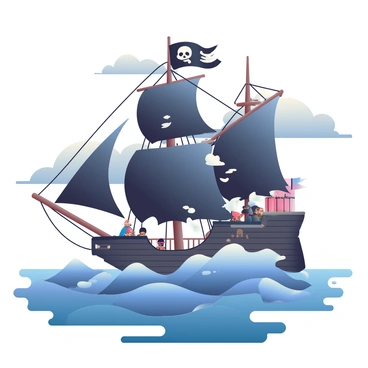 A pirate ship with a dark wooden hull is battling the choppy waves. The ship has tattered black sails that flutter wildly in the wind. At the top of the main mast, a flag with a white skull and crossed bones flaps fiercely. The ocean around the ship is a deep blue, with frothy white caps forming as the waves crash against the hull. In the background, stormy grey clouds loom ominously, adding to the dramatic scene. The ship's deck is scattered with ropes and barrels, while a few pirates can be seen bracing themselves against the wind.