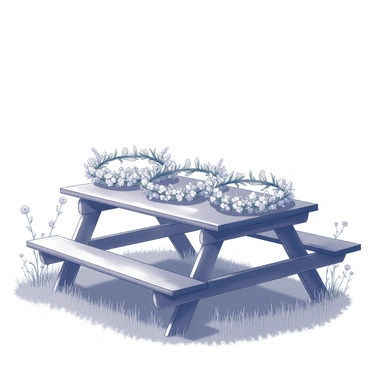Four flower crowns resting on a wooden picnic table. Each crown is intricately crafted with a variety of flowers woven together. The table is set in an open field, surrounded by tall grass and wildflowers gently swaying in the breeze. Sunlight filters through the leaves of nearby trees, casting dappled shadows on the table. The scene conveys a sense of tranquility and nature, with each crown displaying unique floral arrangements.