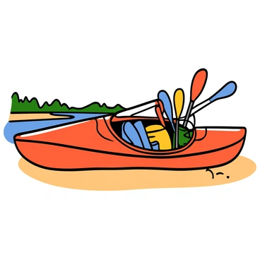 A sleek kayak with a smooth, shiny surface resting on a sandy beach. The kayak is partially open, revealing a hatch that is storing several colorful paddles and various pieces of outdoor gear. The paddles are in bright colors, including red and blue, neatly arranged next to a life jacket and a small dry bag. The sun is shining down, casting soft shadows on the sand, enhancing the details of the kayak and its contents. The surrounding environment includes gentle waves lapping at the shore and some distant green trees lining the beach.
