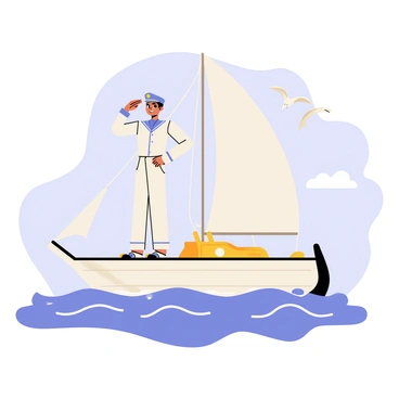 A sailor wearing a white uniform and a navy blue cap stands proudly on the bow of a ship. The sailor has a confident posture, with one hand saluting the horizon. The ship has a wooden deck and a tall, billowing white sail. Waves are splashing against the hull of the ship, and a clear blue sky stretches above, dotted with a few fluffy white clouds. Seagulls are flying in the distance, adding to the maritime atmosphere.
