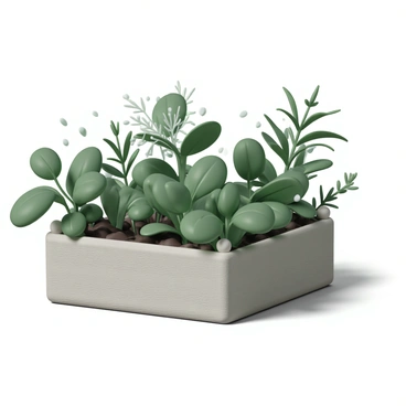A close-up of a herb bed, showcasing vibrant green plants filled with "basil" with its broad, glossy leaves, "rosemary" with its needle-like, fragrant leaves, and "thyme" with its small, delicate leaves. The herbs are arranged in a rustic wooden potager, which has a weathered texture. The sunlight gently illuminates the leaves, enhancing their hues, while a few tiny droplets of water cling to the leaves, giving them a fresh appearance. The soil is rich and dark, providing a contrast to the bright greenery of the herbs.