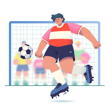 A soccer player with dark hair is wearing a red and white jersey and black shorts. He is mid-air, executing a dramatic kick to strike a soccer ball with intense focus. The ball is soaring towards the goal, and the net is visible in the background, slightly swaying as the goal is about to be scored. The player's facial expression shows determination, and his cleats are striking the ground as he leaps, showcasing the force behind the kick. Onlookers in the background are blurred, emphasizing the action of the player.