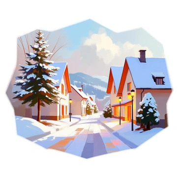 A picturesque view of an Alsace village blanketed in snow during winter. The scene includes charming, snow-covered rooftops of traditional half-timbered houses, each adorned with delicate icicles hanging from the eaves. Tall pine trees, their branches heavy with fresh snow, stand prominently in the foreground. The village streets are lined with quaint lampposts illuminating the soft winter light. In the background, rolling hills are visible, further enhancing the serene winter landscape. Fluffy white clouds drift lazily across the pale blue sky, completing this tranquil winter scene.