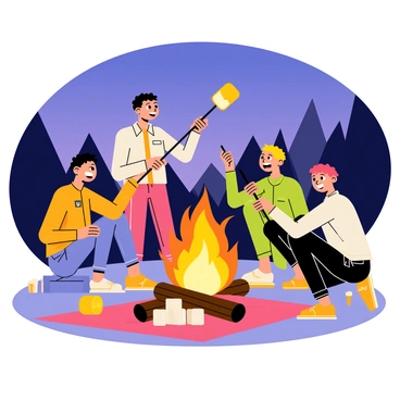 A group of three friends is gathered around a campfire, with bright orange flames flickering in the center. One friend is holding a long stick with a fluffy, golden-brown marshmallow roasting over the fire. The other two friends are eagerly watching, with smiles on their faces. The sky is a gradient of deep blue and purple as dusk settles in, and silhouettes of trees are visible in the background. A few scattered logs are placed around the fire, and a small pile of additional marshmallows is nearby on a blanket. The friends are wearing casual outdoor clothing, and the atmosphere is warm and friendly.