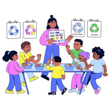 A volunteer standing in front of a group of diverse children, engaging them in a recycling lesson. The volunteer is holding colorful charts depicting various recyclable materials labeled with bright, bold text. Surrounding the volunteer are tables set up with hands-on activities that include bins for sorting items into recyclables and non-recyclables. The children are actively participating, with some examining objects and others pointing at the charts. The setting is bright and inviting, filled with educational posters related to recycling on the walls.