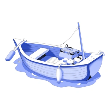 A small wooden fishing boat equipped with nets and a rusty toolbox