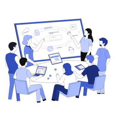 A diverse team of professionals is gathered around a digital whiteboard, engaged in a brainstorming session for KYC solutions. The team consists of individuals of various ethnicities, genders, and ages, each contributing ideas. Some team members are standing while others are seated, all focused on the whiteboard. The digital whiteboard displays various diagrams, notes, and keywords related to KYC processes. There are sticky notes scattered around, representing different points of discussion. A few laptops and tablets are open on the table, showing related data and research. The atmosphere is collaborative and dynamic.