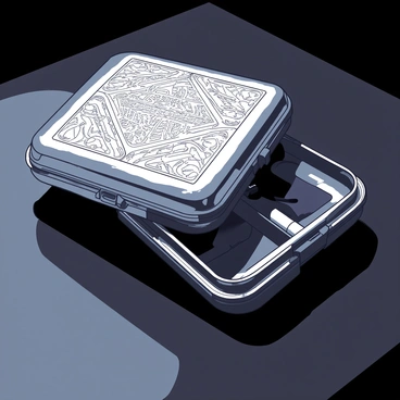 A silver cigarette case is displayed on a dark surface, showcasing intricate art deco engravings that cover its exterior. The engravings feature geometric patterns and stylized floral motifs, emphasizing the elegance of the 1920s design. The case is slightly open, revealing a polished interior lined with soft, luxurious fabric. Reflected light glimmers off the smooth surface of the silver, highlighting the craftsmanship and details of the engravings.
