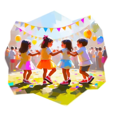 A group of children's feet, wearing brightly colored shoes, are dancing joyfully in a circle on vibrant festival grounds. The grass beneath their feet is a rich green, dotted with colorful flower petals. Surrounding the children are various festival decorations, including colorful banners and balloons. The sunlight casts playful shadows on the ground as the children move in harmony, their laughter filling the air. The scene is filled with a sense of energy and celebration, capturing the spirit of the festival.