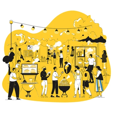 A vibrant evening market scene in Brooklyn, filled with various stalls selling colorful goods. String lights hang overhead, casting a warm glow over the scene. People are engaging in lively conversations and shopping, creating a bustling atmosphere. Food vendors are preparing dishes, with smoke rising from grills and delicious aromas filling the air. In the background, there are trees adorned with twinkling lights, and a crowd of diverse individuals is enjoying the lively market ambiance.