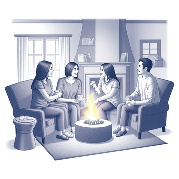 A group of four friends is seated in a cozy village home. They are gathered around a crackling fireplace, with warm flames illuminating their faces. One person is holding a steaming mug, while another has a cup resting on their knee. The room is furnished with rustic wooden furniture, including a small side table with a plate of cookies. A thick rug lies on the floor, and the walls are decorated with wooden beams and shelves filled with books. The atmosphere feels inviting and intimate, as laughter and conversation fill the air.