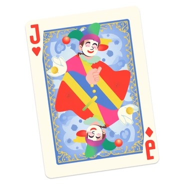 A classic joker playing card is displayed prominently in the center of the image. The card features a vibrant design with bold colors. The joker character is illustrated with a playful expression, wearing a colorful jester hat adorned with bells. He is portrayed in a dynamic pose, with one hand raised playfully and the other hand holding a gold coin. The background of the card includes intricate patterns and swirls in shades of blue and red, enhancing the card's lively look. The edges of the card are embellished with ornate golden filigree, emphasizing its classic aesthetic.