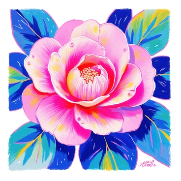A close-up view of a "pink camellia" showcases its intricate layers of petals, gently unfolding at the center. The petals are adorned with tiny beads of "dew" that glisten under soft light, enhancing the flower's delicate texture. The background features lush green leaves that frame the camellia, providing a vibrant contrast to the pink hues of the flower.