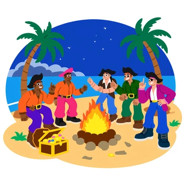 A group of pirates gathered around a bright bonfire on a secluded island. The flames flicker, casting warm light on their rugged faces and worn clothing. Each pirate has a unique appearance, with some sporting tricorn hats and others with eye patches. They are animatedly sharing tales, gesturing with their hands, and laughing heartily. Nearby, a treasure chest overflowing with gold coins and jewels is partially open, glinting in the firelight. The sandy beach surrounds them, with palm trees swaying gently in the breeze under a starry night sky.