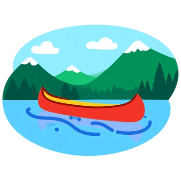 A bright red canoe gliding smoothly across a crystal clear Canadian lake. The water reflects the vibrant colors of the surrounding trees and the blue sky. In the background, majestic green mountains rise, partially covered with patches of evergreen trees. Gentle ripples spread outward from the canoe as it moves, creating a serene scene. A few fluffy white clouds drift lazily in the sky above, enhancing the tranquil atmosphere.