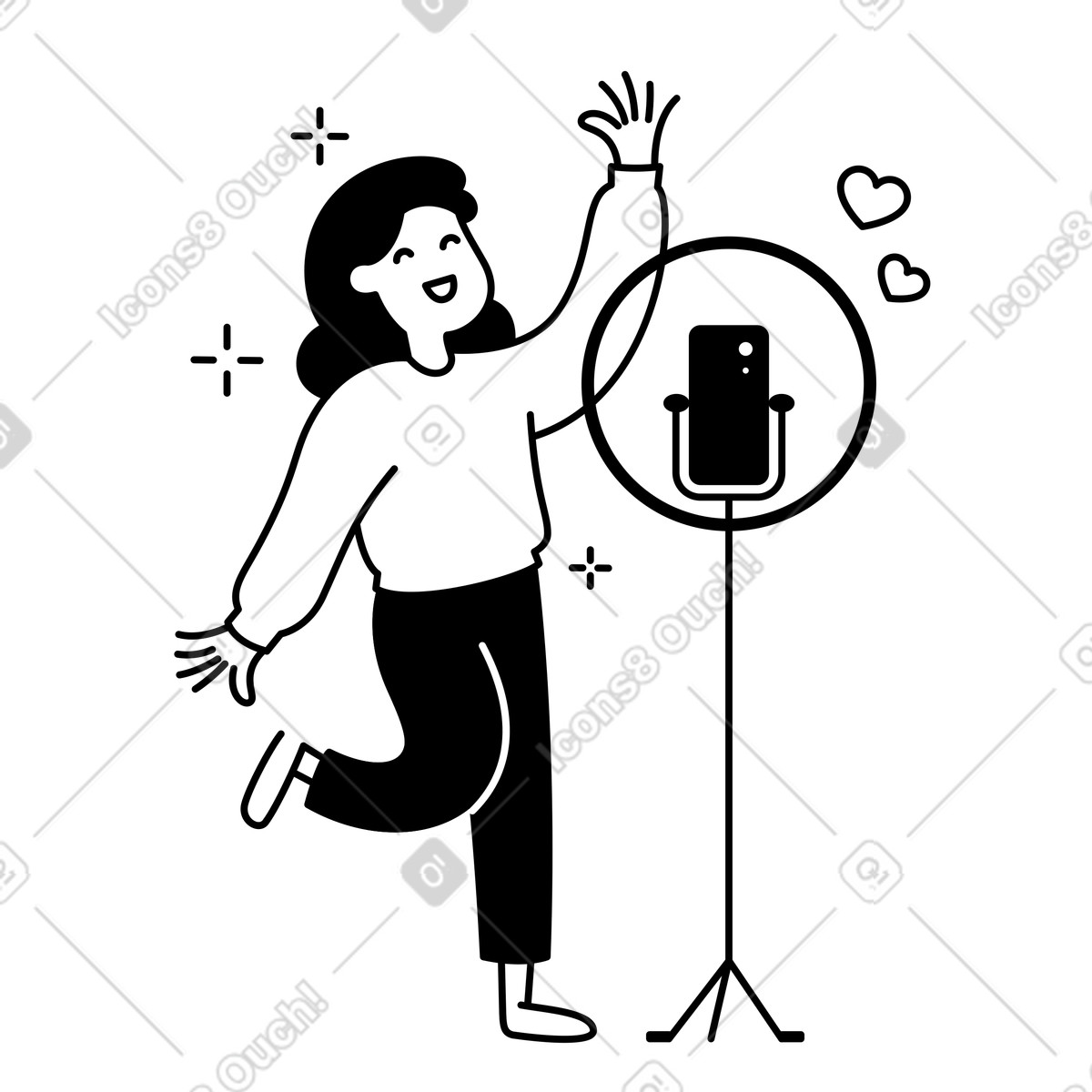 Notion Line Art 스타일의 Influencer recording video with smartphone tripod and ring light setup 일러스트레이션 PNG, SVG 다운로드
