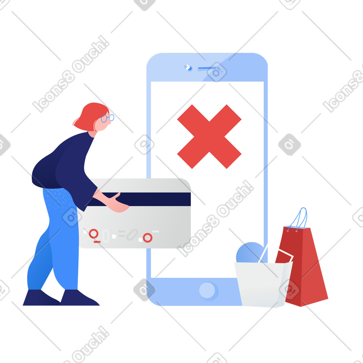 Clip スタイルの Shopper facing declined card warning on smartphone, E-commerce checkout issue のイラストをPNG、SVG形式でダウンロード